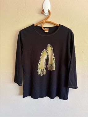 Y2K Jess & Jane 3/4 Length Long Sleeve Black Leopard Print Bedazzled Gem Top L